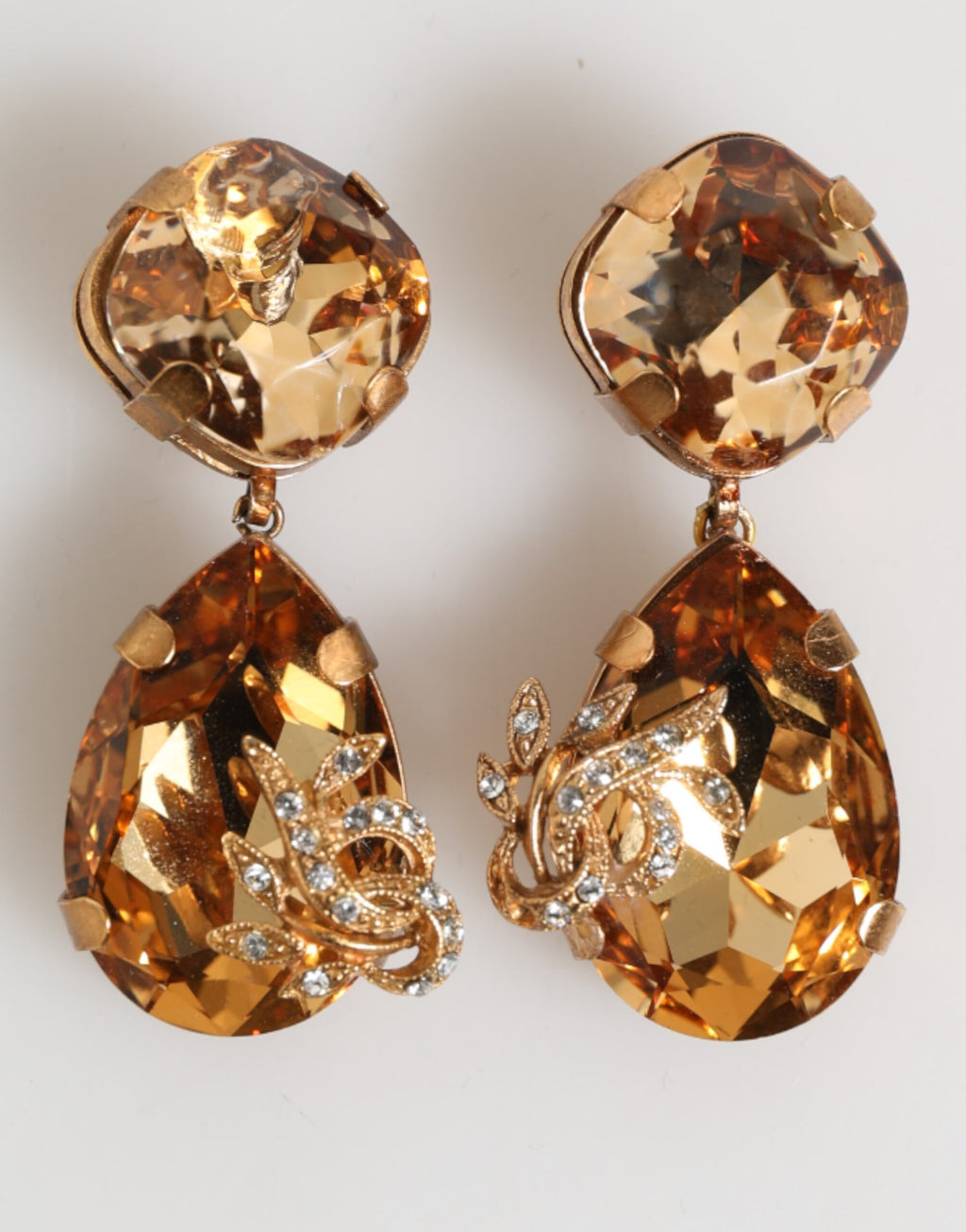 Gold Crystal Drop Clip-On Strass Floral Jewelry Earrings