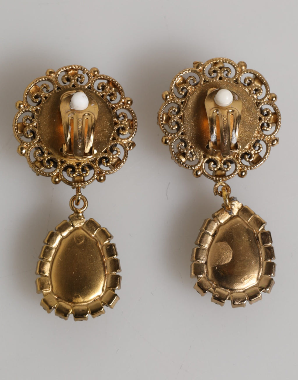 Gold Brass Crown Medallion Black Crystal Drop Clip On Earrings