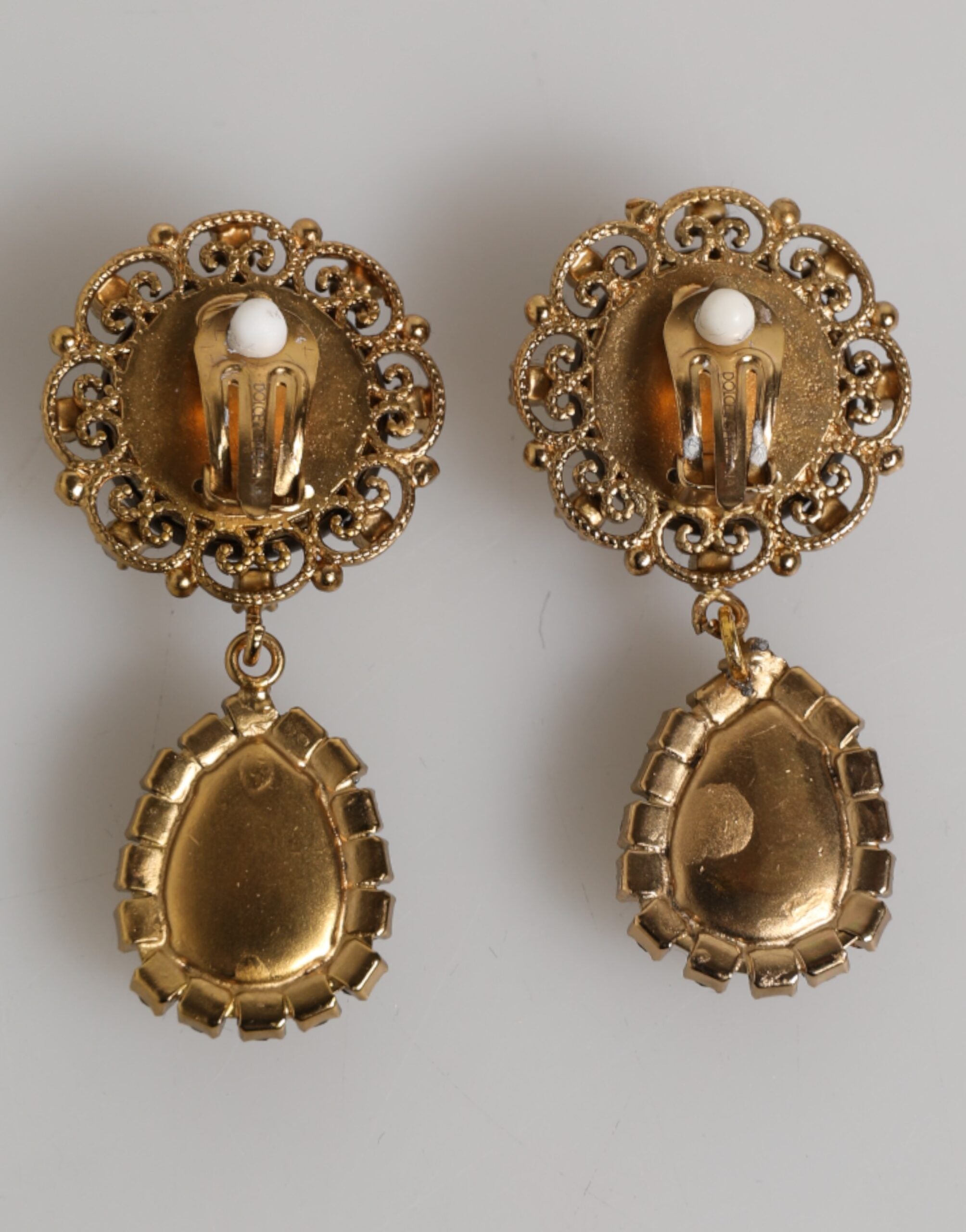 Gold Brass Crown Medallion Black Crystal Drop Clip On Earrings