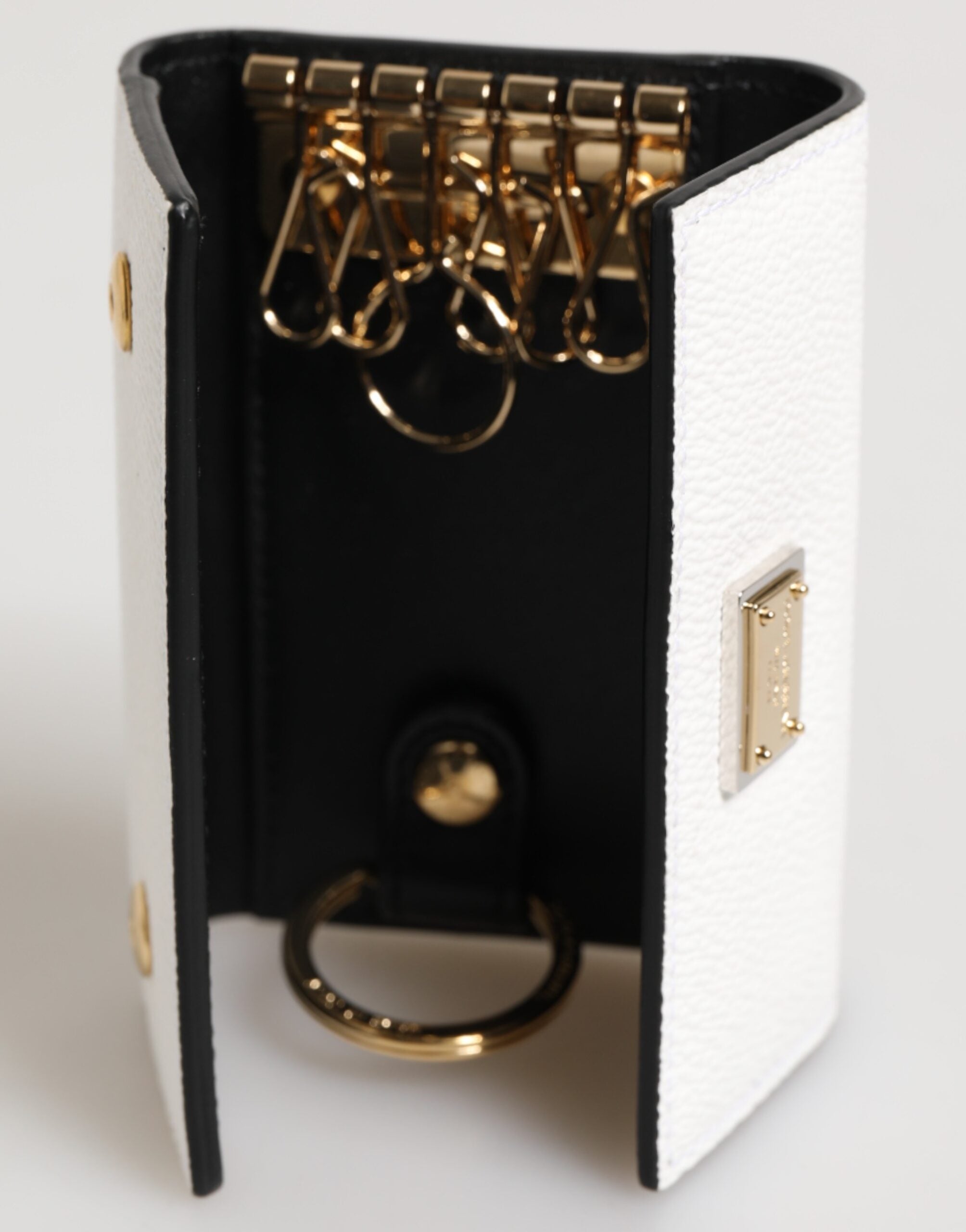 White Leather Card Case Holder Wallet Gold Logo Plate  Key Holder