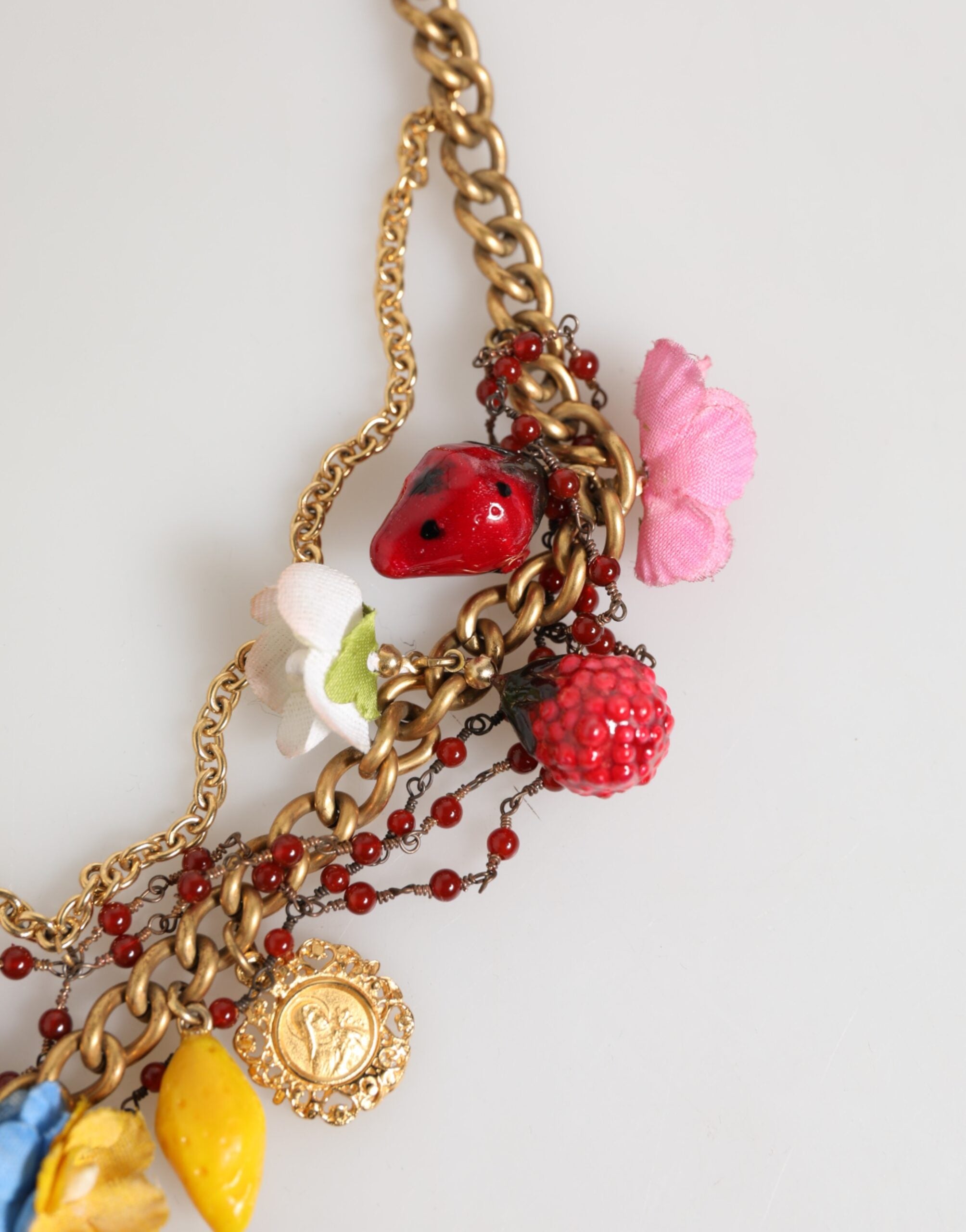 Estate Multicolor Floral Fruit Gold Chain Statement Necklace